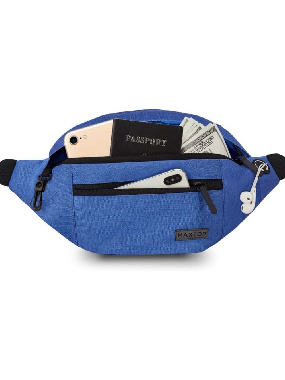 Men's Blue Large Crossbody Fanny Pack With 4-Zip Belt Bag Waist Pack Travelling